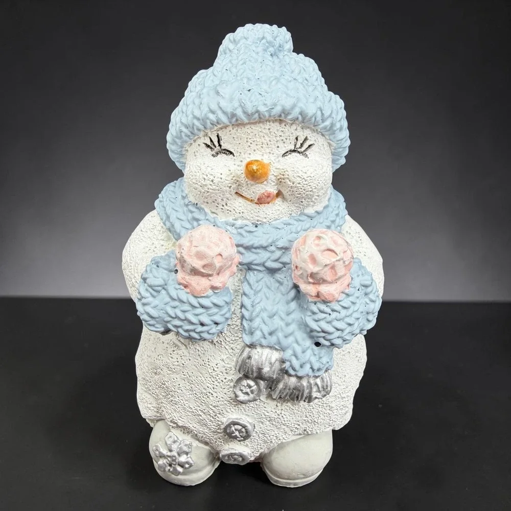 Encore Snow Buddies Snowman Figurine Blue Knit Hat Scarf Pink Mittens Winter